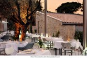 Dinieren Sie in entspannter, festlicher Atmosphäre umgeben von Olivenbäumen und Palmen und mit Blick auf den Pool