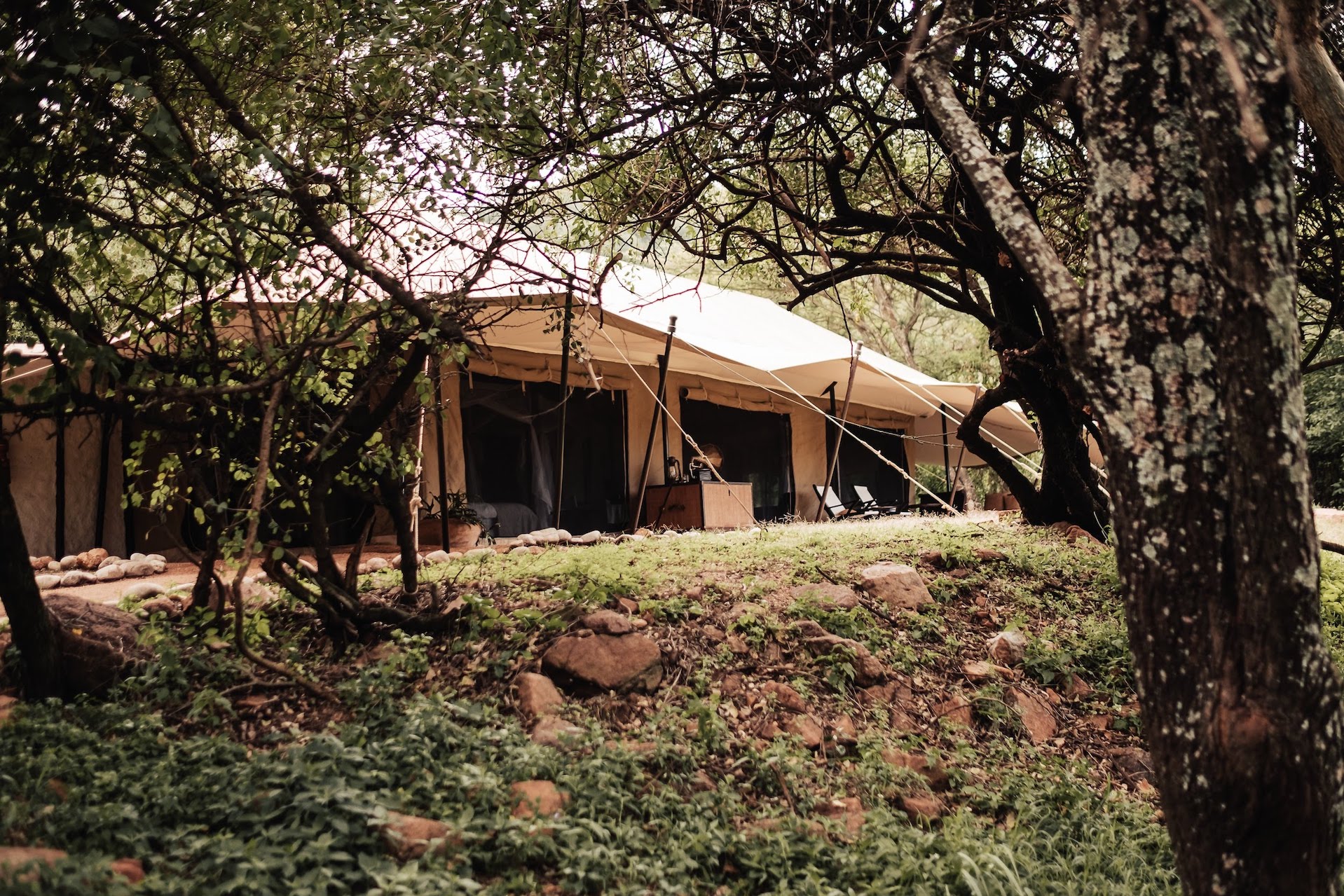 Das großzügige Familienzelt mit Wohnraum und Kamin