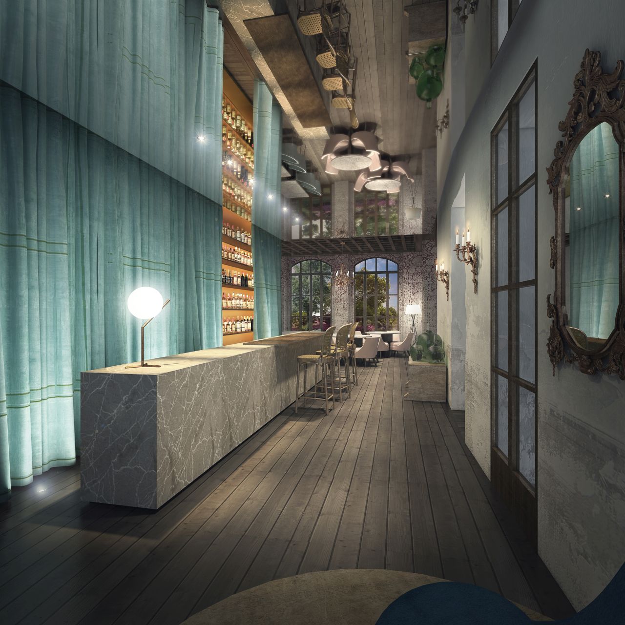 Die interessante Lobby des Luxushotels